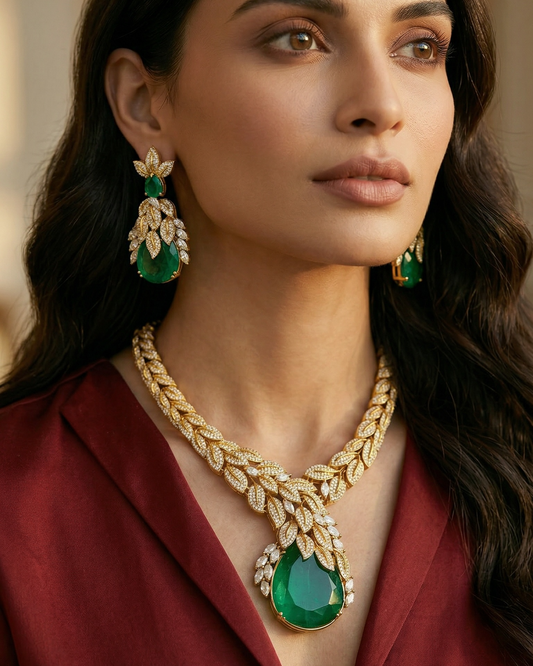 Woman wearing a gold necklace and green earrings against a neutral background