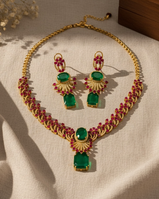 Jewelry set with necklace and earrings on a beige fabric background