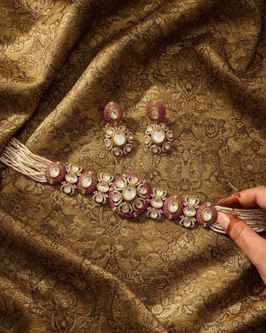 Set of jewelry including a necklace and earrings on a textured fabric background