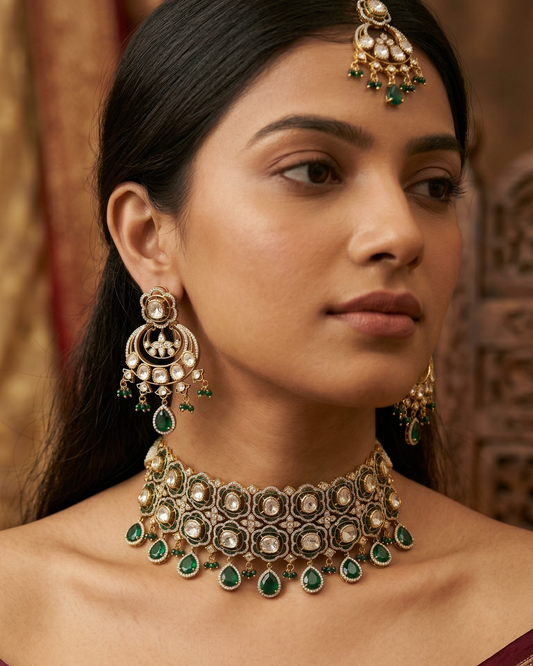 Woman wearing traditional jewelry with a maroon and gold saree