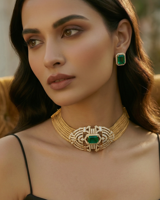 Woman wearing a gold necklace with emerald stones and matching earrings.