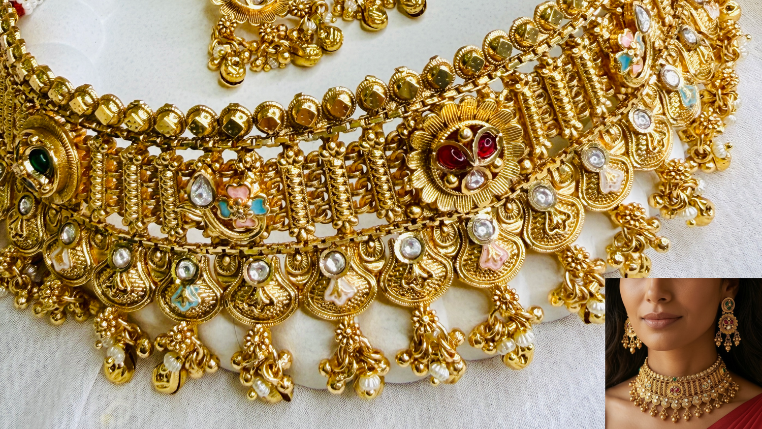 Elegant Indian bridal jewelry set featuring a gold choker necklace, matching earrings, and pastel gemstone details on a model
