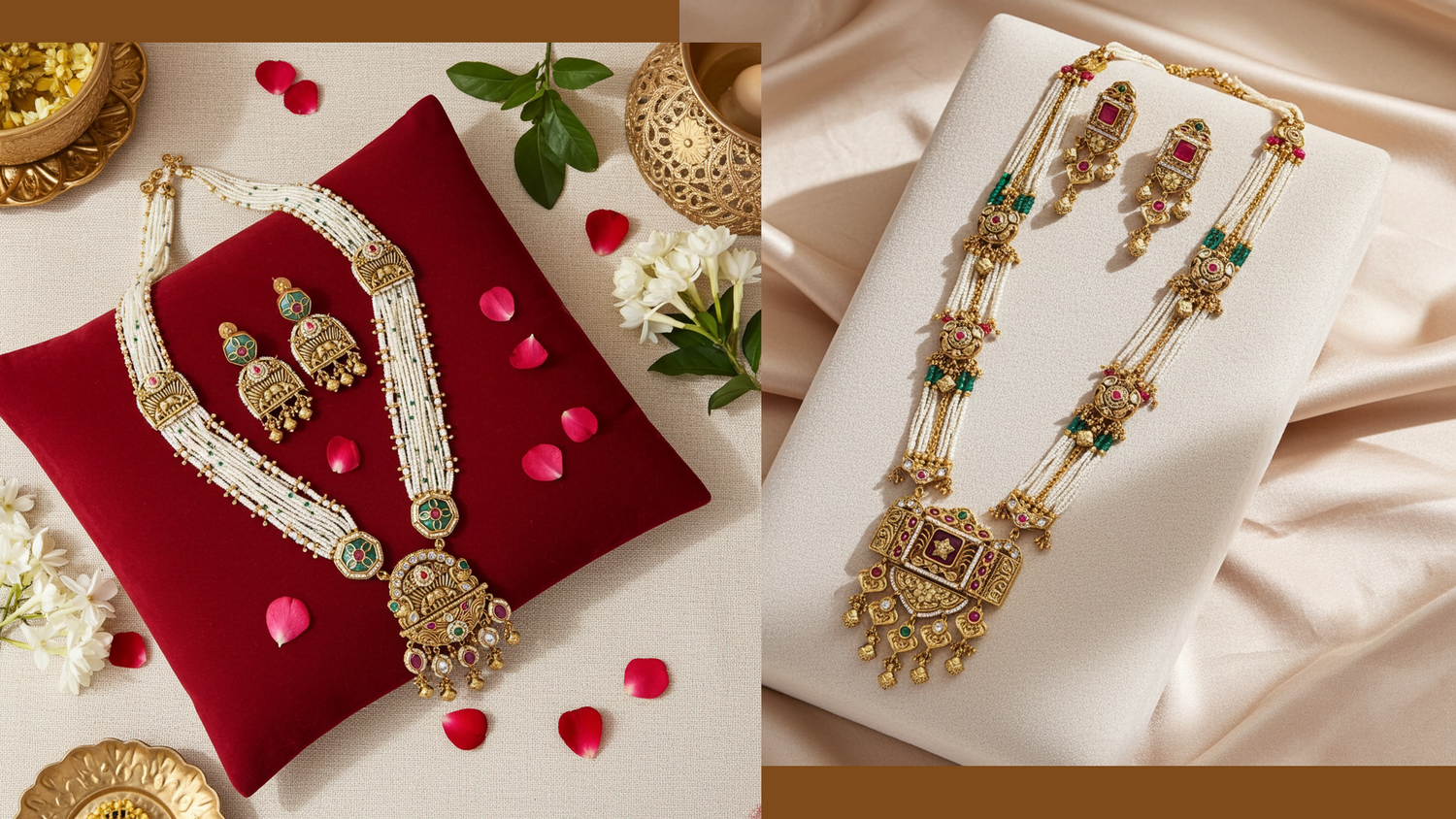 Traditional bridal necklace and earring set with delicate gold detailing, worn with a soft ivory veil for a regal festive look