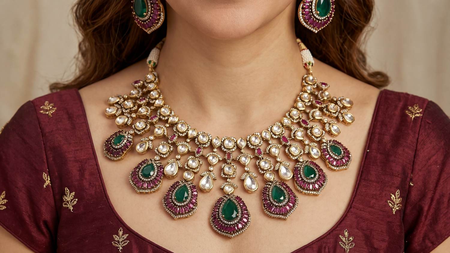 New arrival bridal jewelry set featuring a gold choker necklace, matching earrings, and elegant gemstone accents for festive occasions