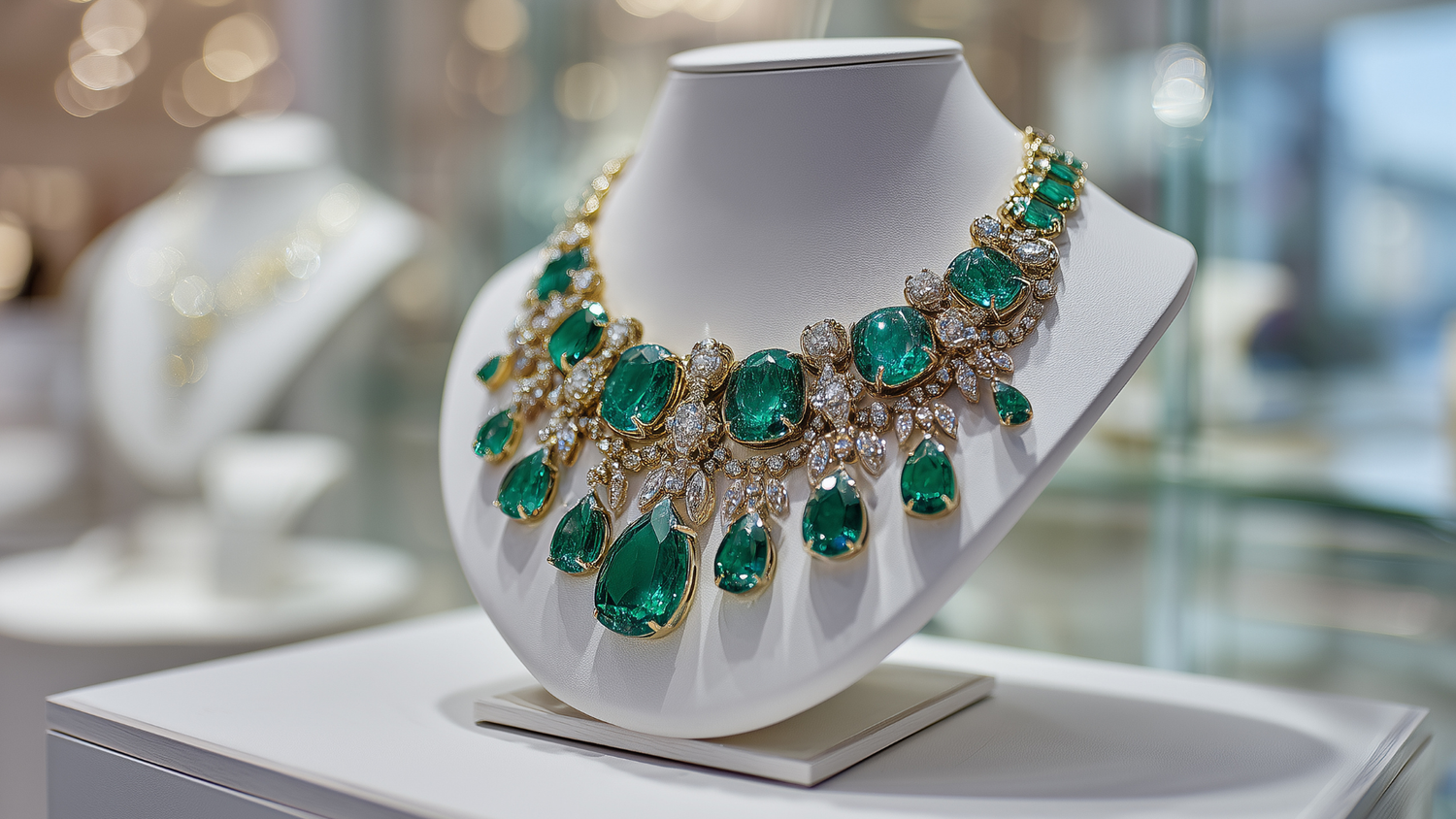 Elegant kundan and moissanite necklace displayed on a white jewelry bust, featuring green gemstone drops, gold detailing, and a luxury bridal-inspired design