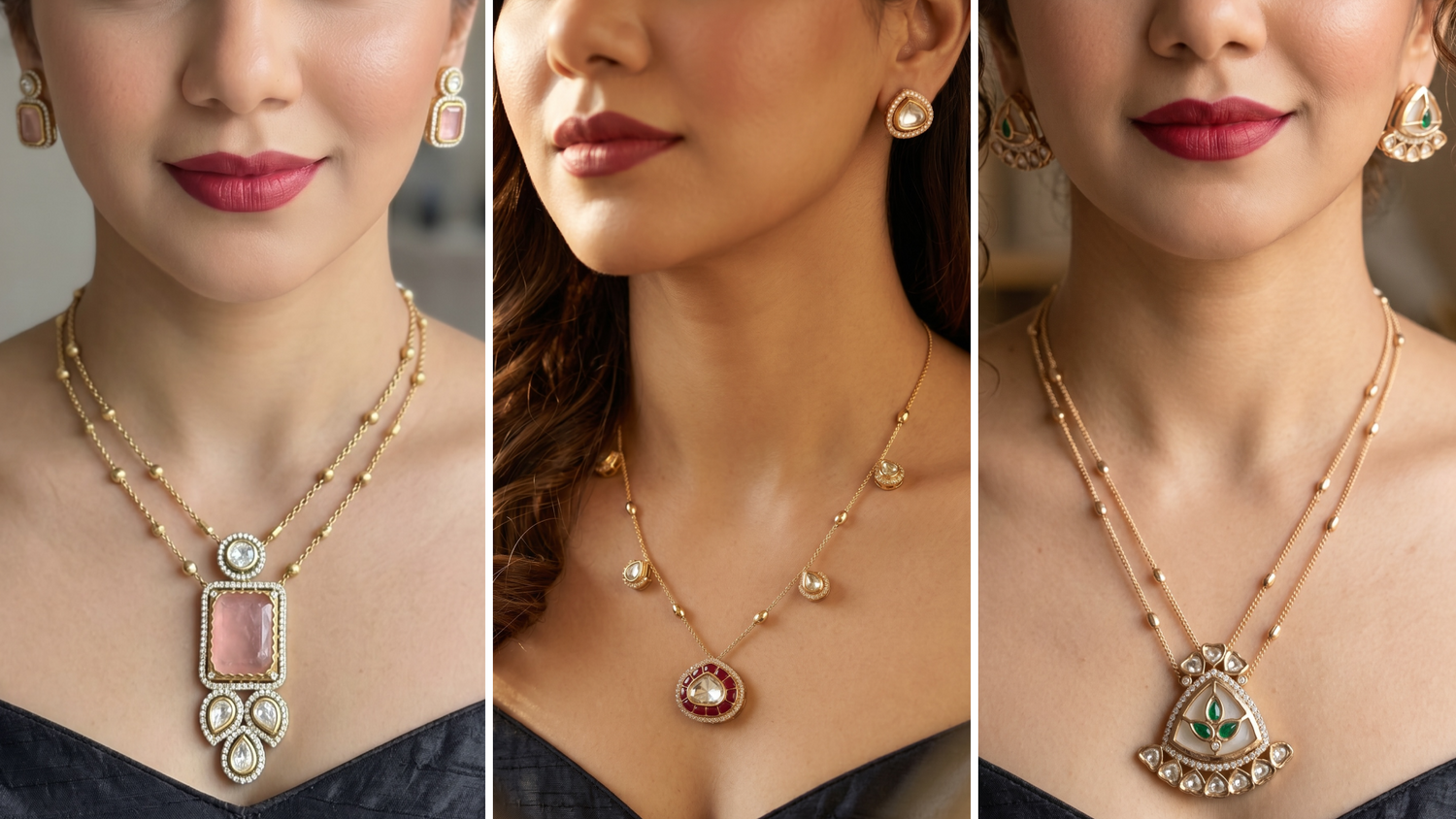 Close-up of an ornate gold pendant necklace with kundan-style detailing and matching earrings on a rich red fabric background