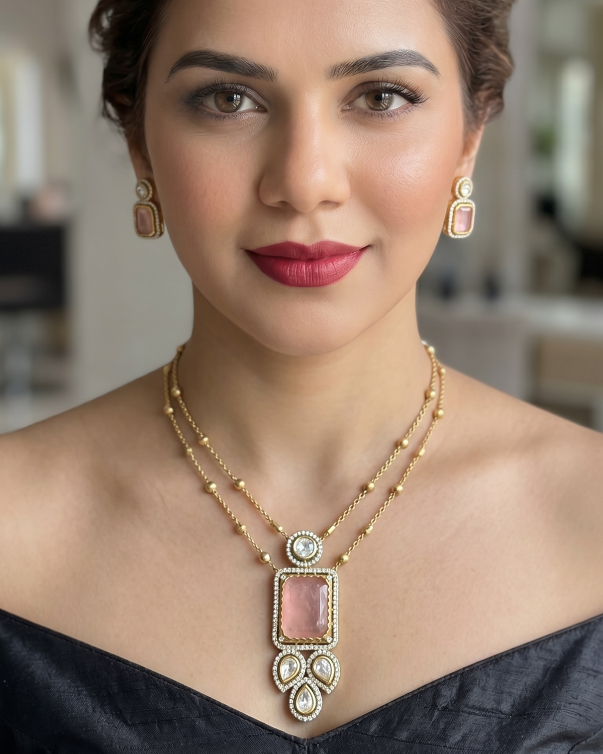 Rosy Kundan Pendant Set