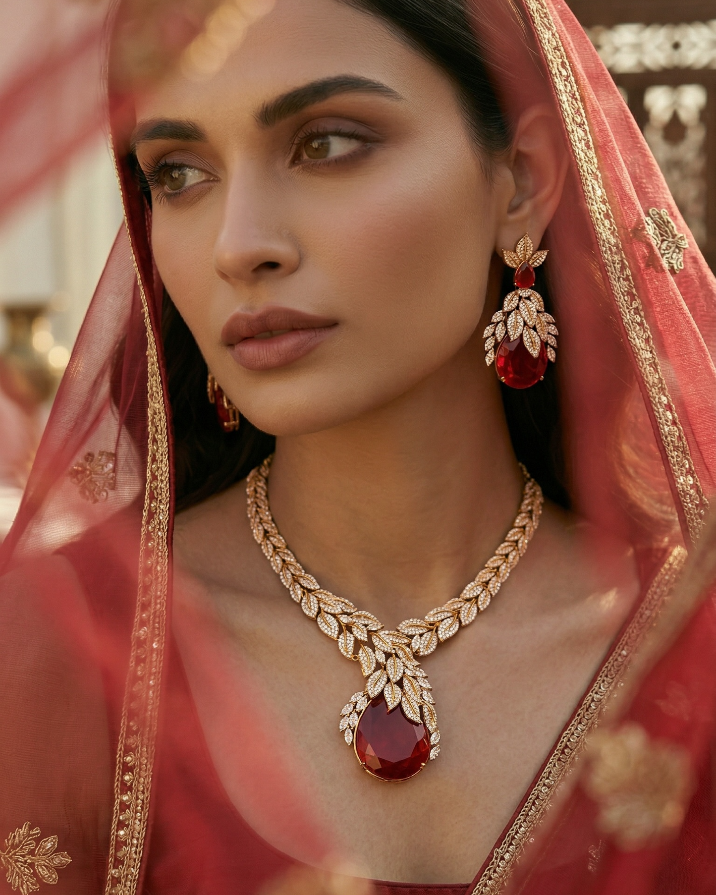 Woman wearing a red traditional outfit with ruby red doublet stone 22kt gold polish necklace with earrings