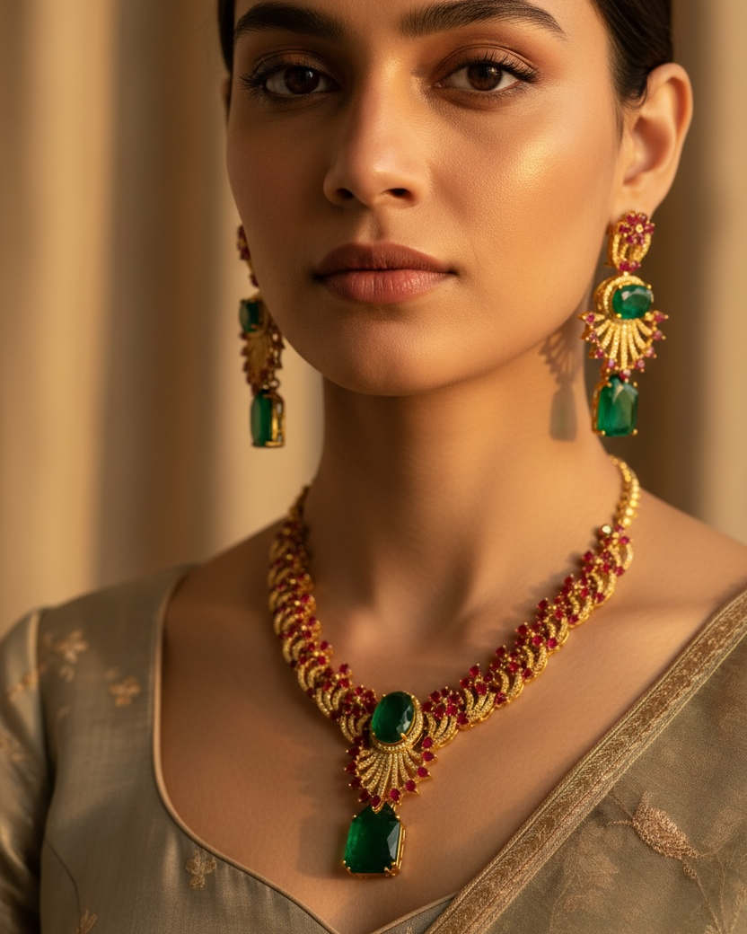 Woman wearing a gold necklace and earrings with green gemstones against a warm-toned background
