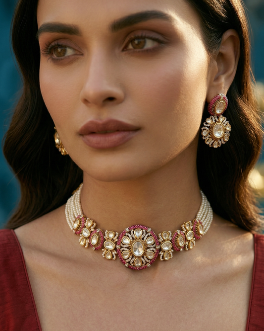 Woman wearing a decorative necklace and earrings against a blurred background