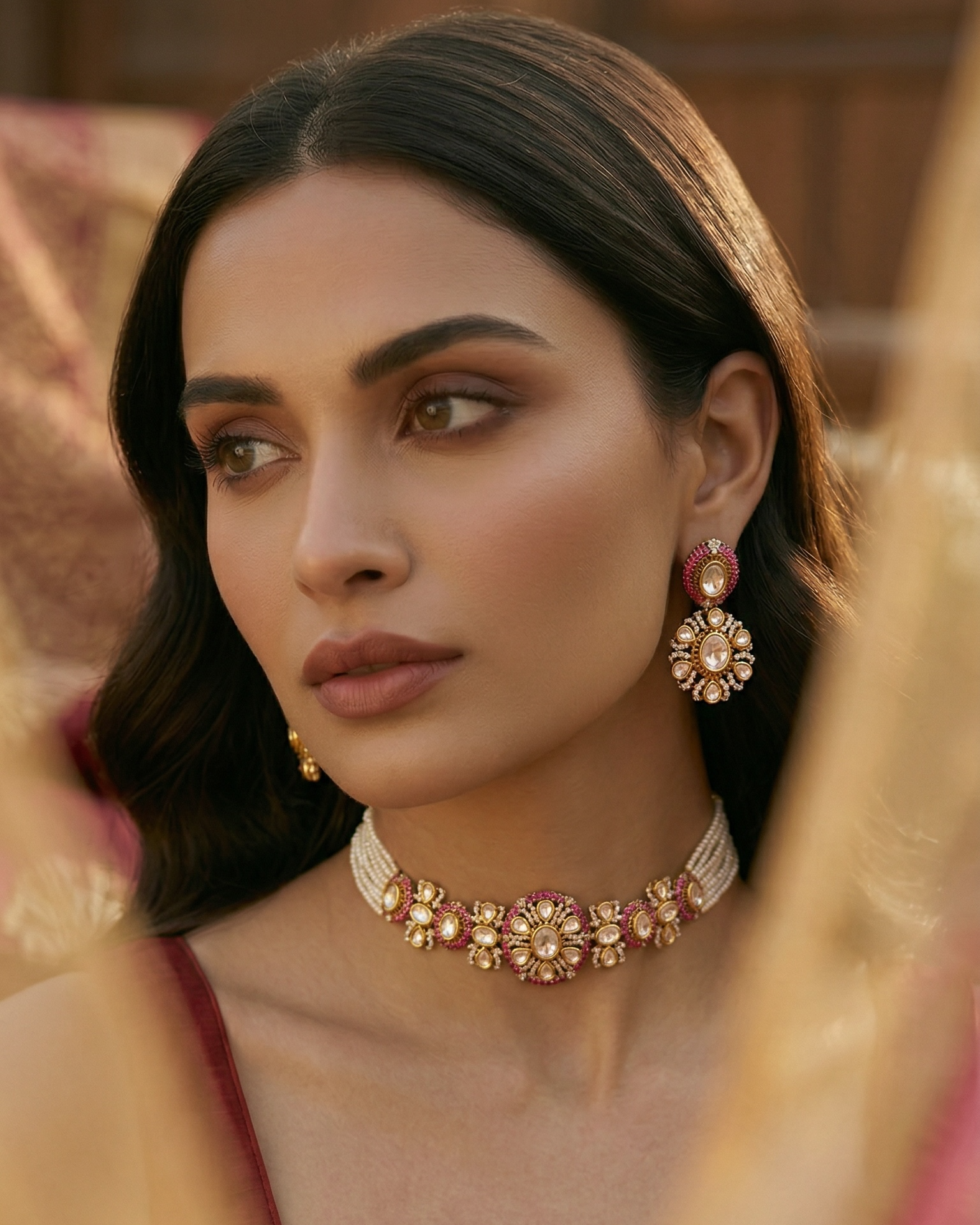 Woman wearing a floral necklace and earrings in a warm-toned setting