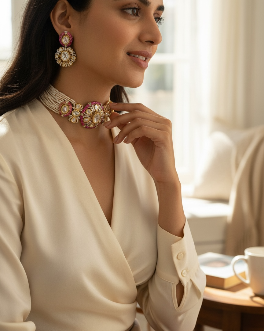Woman wearing a decorative necklace in a softly lit room