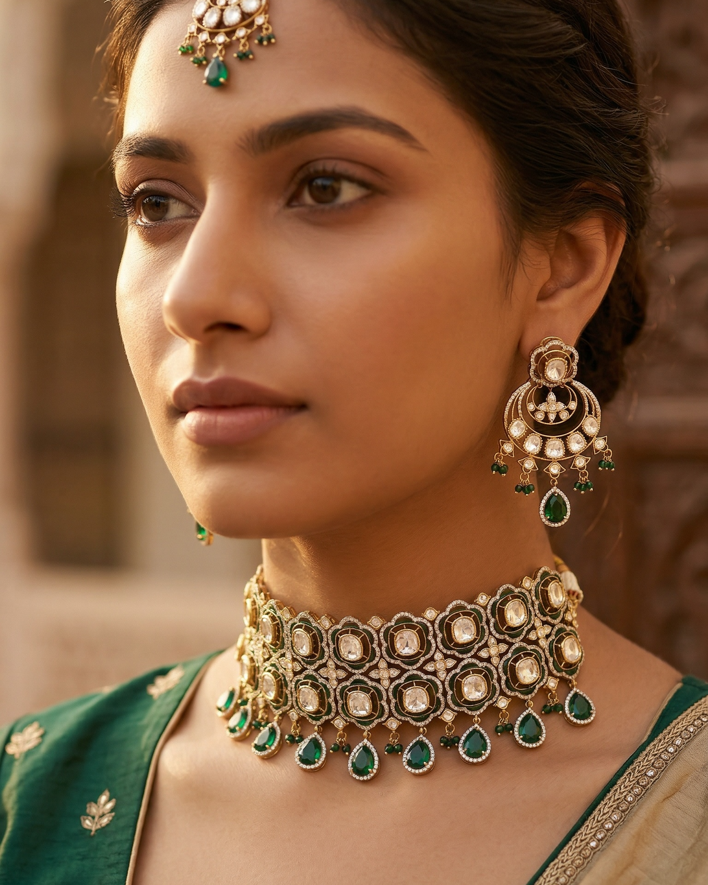 Woman wearing traditional gold jewelry with green stones against a blurred background