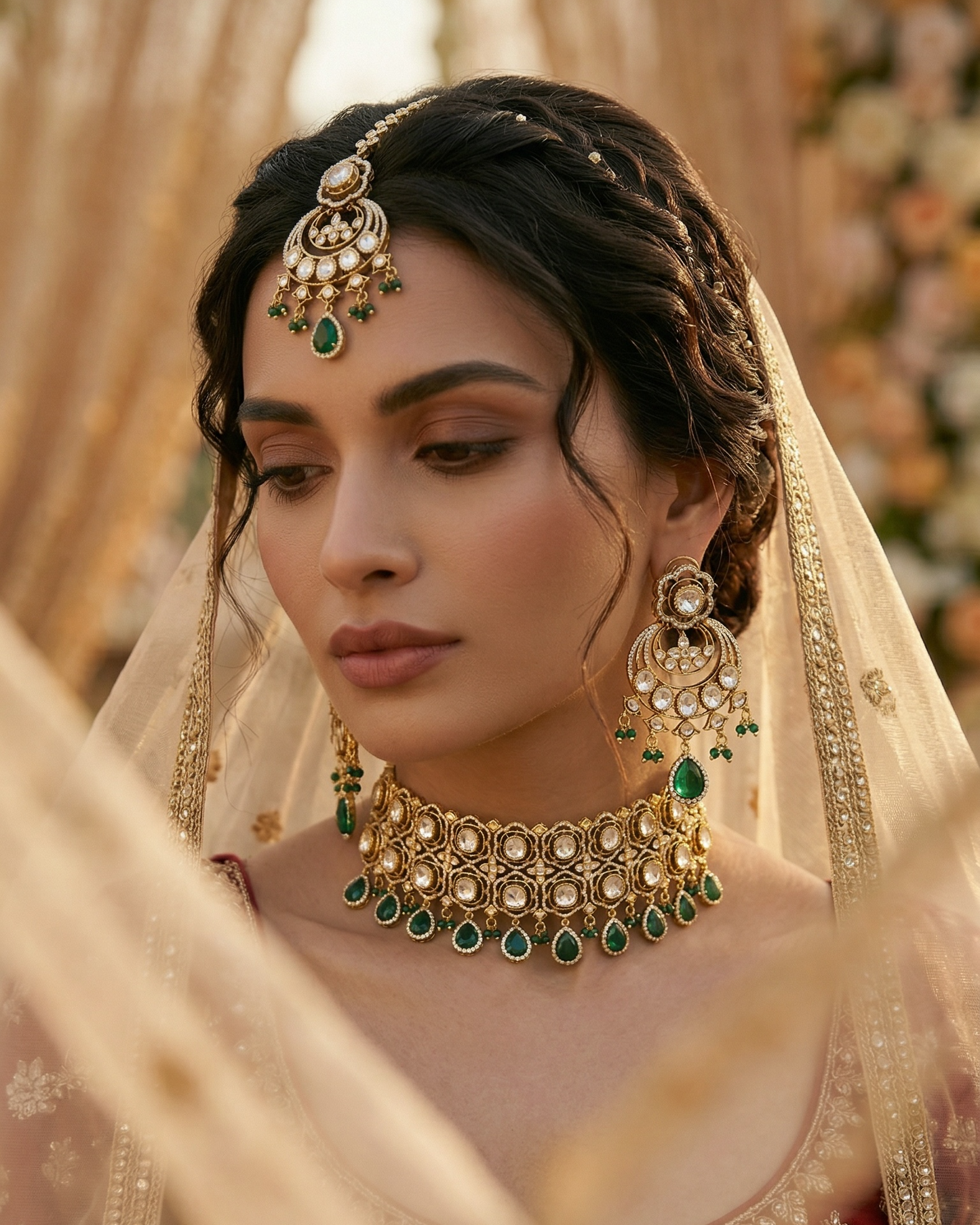 Woman wearing traditional jewelry and a saree with a blurred floral background