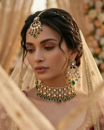 Woman wearing traditional jewelry and a saree with a blurred floral background