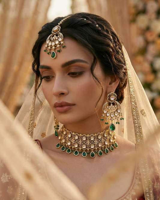 Woman wearing traditional jewelry and a saree with a blurred floral background