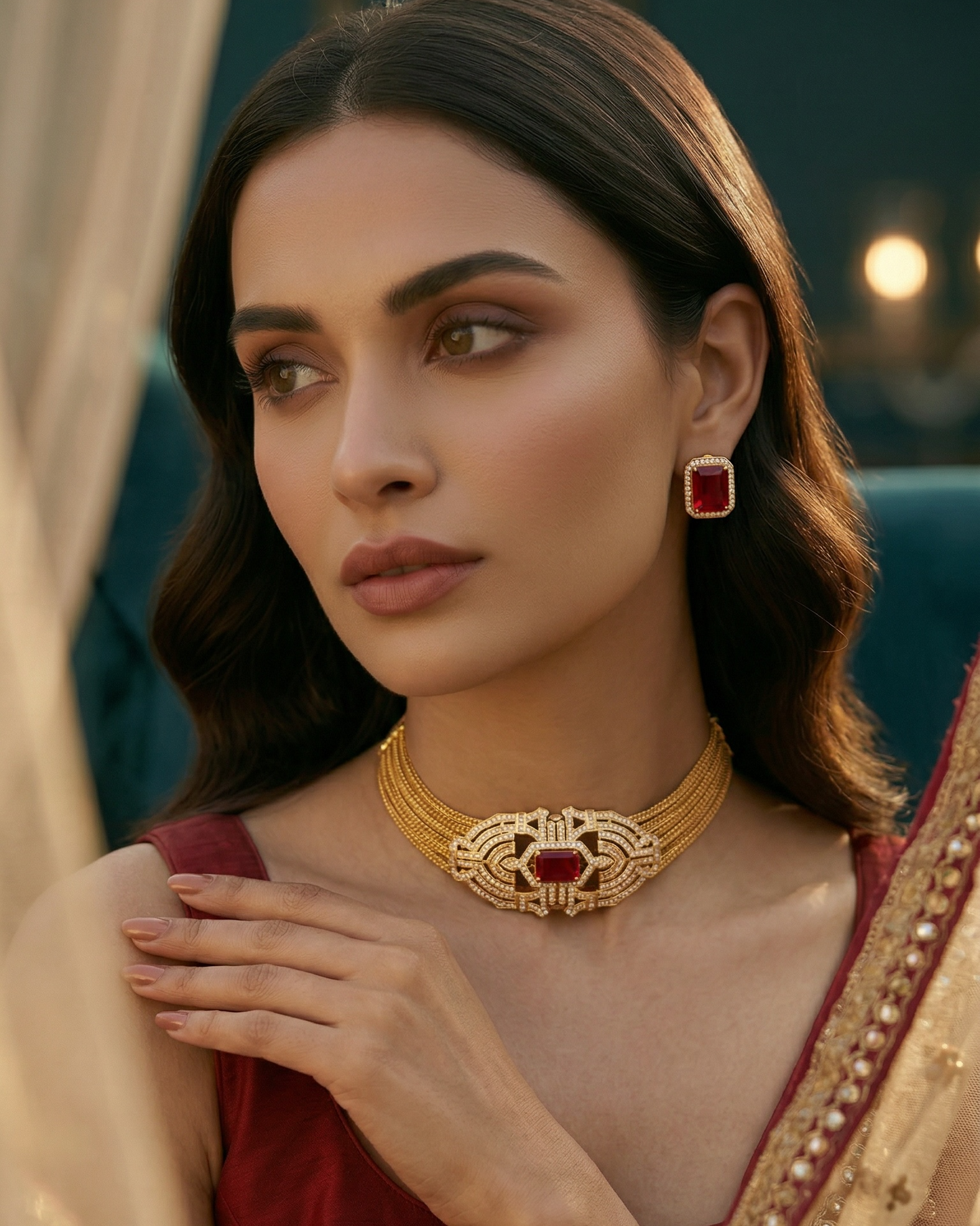 Woman wearing a gold necklace and earrings with a red top, standing in a softly lit indoor setting.