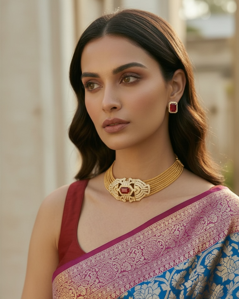 Woman wearing a traditional saree with jewelry outdoors