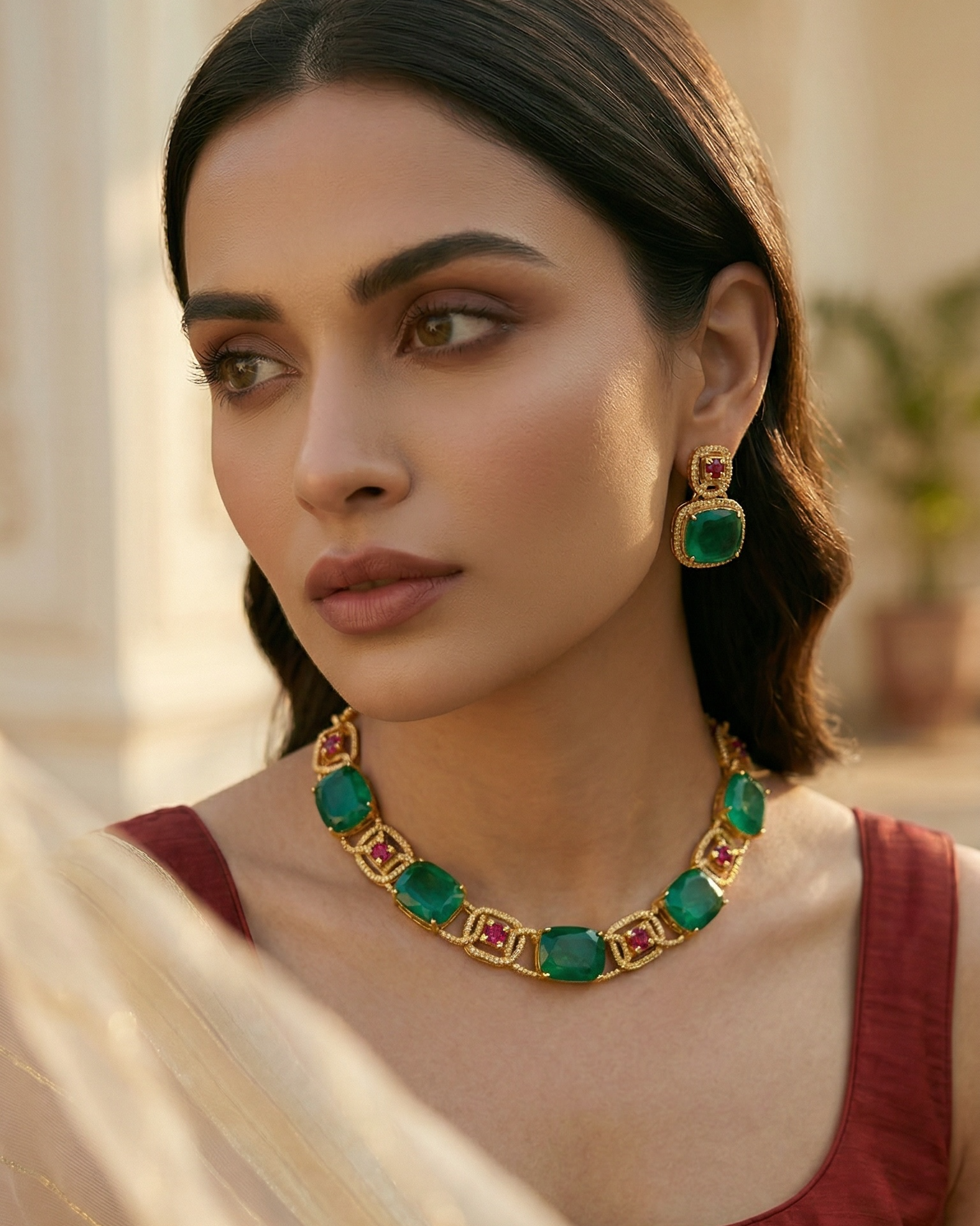 Woman wearing emerald green and gold jewelry with a blurred background