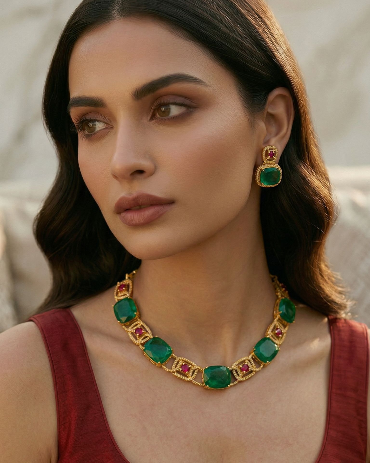 Woman wearing emerald green and gold jewelry set against a neutral background