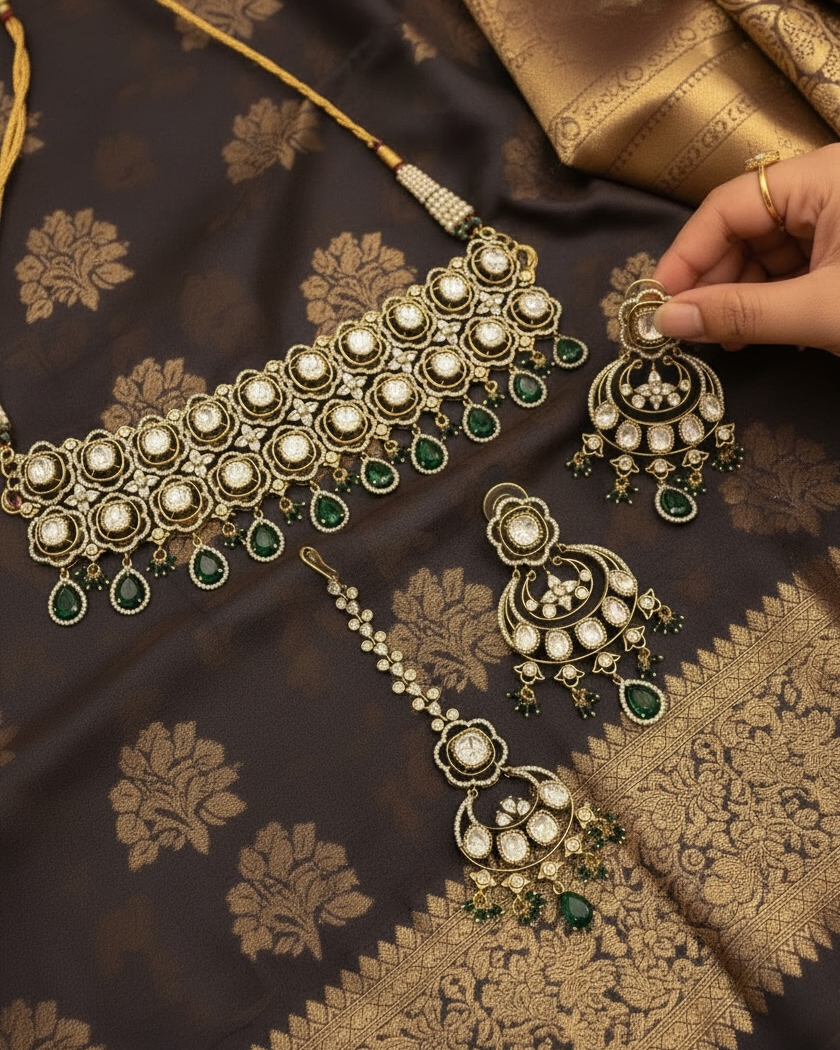 Ornate gold and green jewelry set on a dark fabric background
