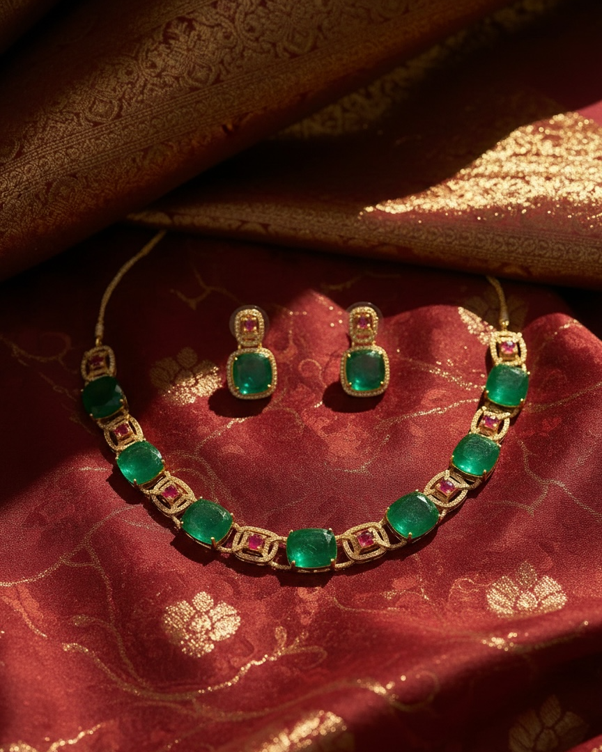 Jewelry set with emerald green stones and gold accents on a red fabric background