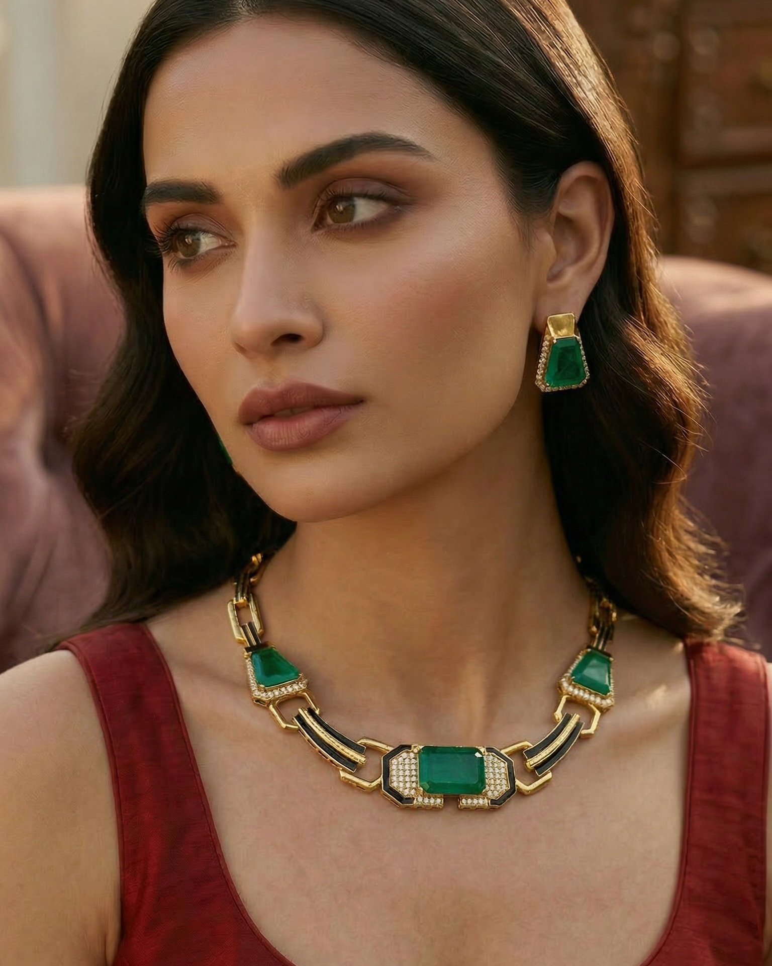 Woman wearing a gold and emerald necklace and earrings indoors.