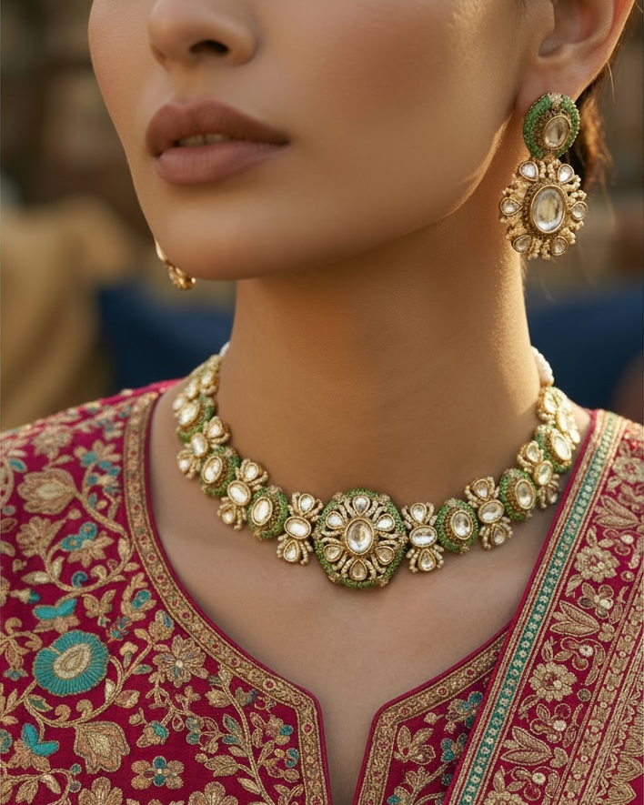 Close-up of a person wearing an ornate gold necklace and earrings on a patterned outfit.