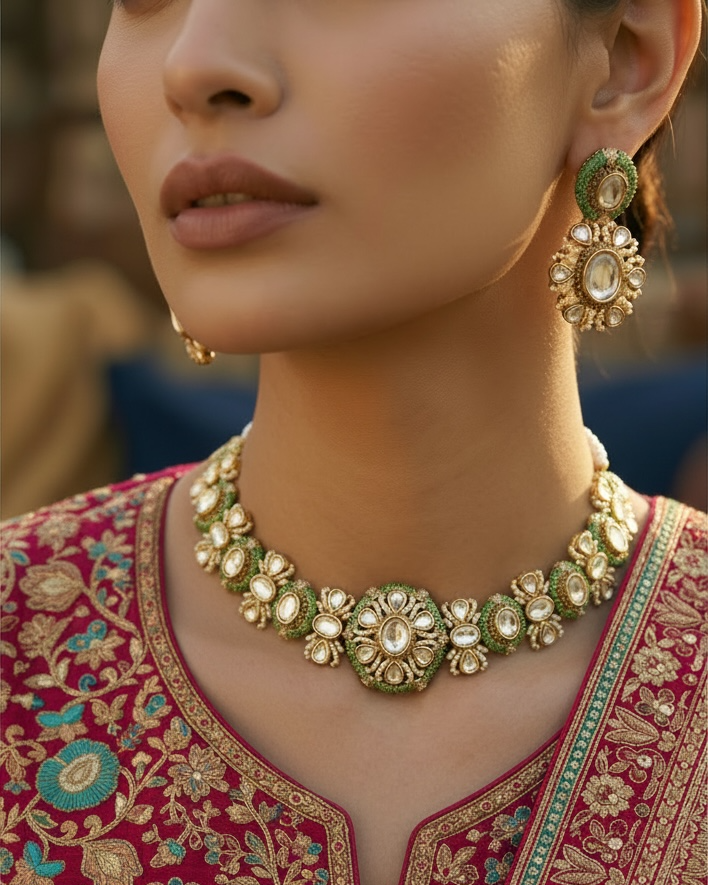 Close-up of a person wearing an ornate gold necklace and earrings on a patterned outfit.