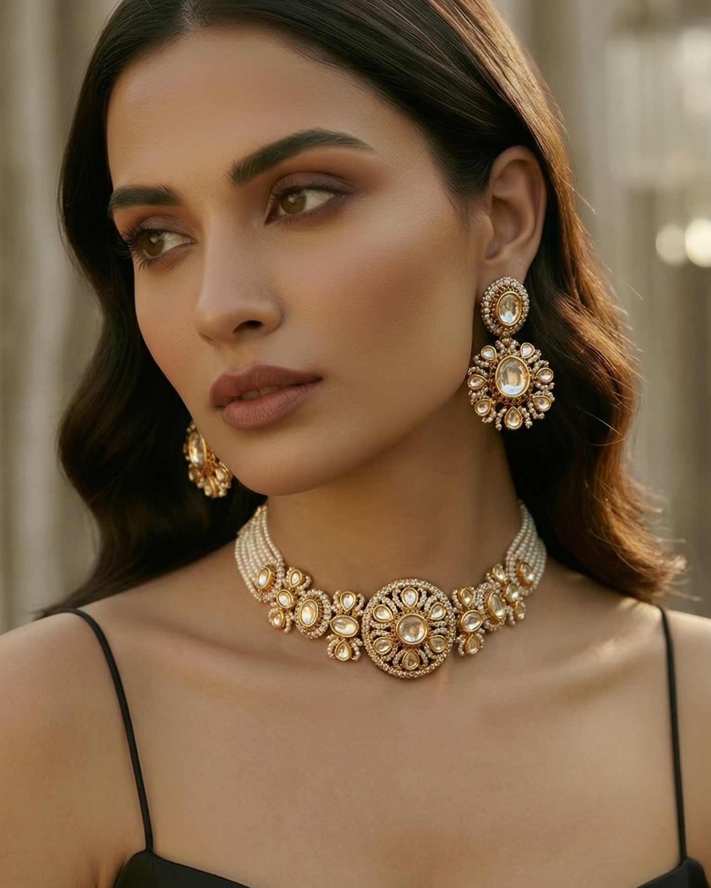 Woman wearing gold jewelry including a necklace and earrings against a neutral background