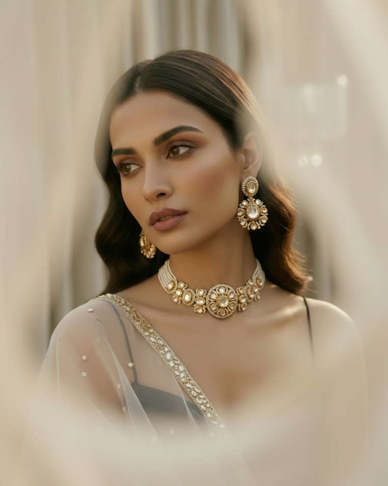 Woman wearing a gold necklace and earrings with a soft, blurred background