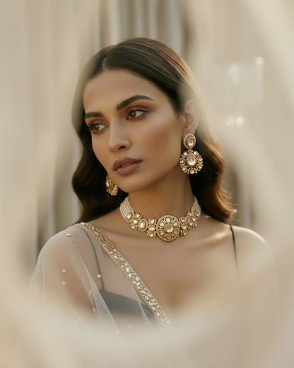 Woman wearing a gold necklace and earrings with a soft, blurred background