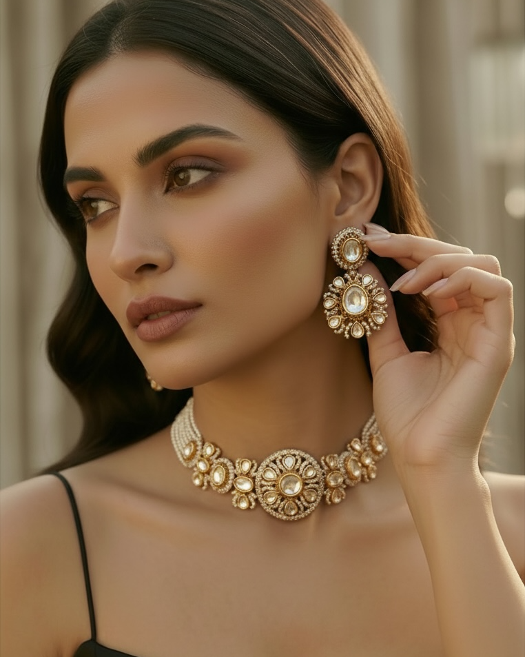 Woman wearing gold jewelry including a necklace and earrings, with a neutral background.