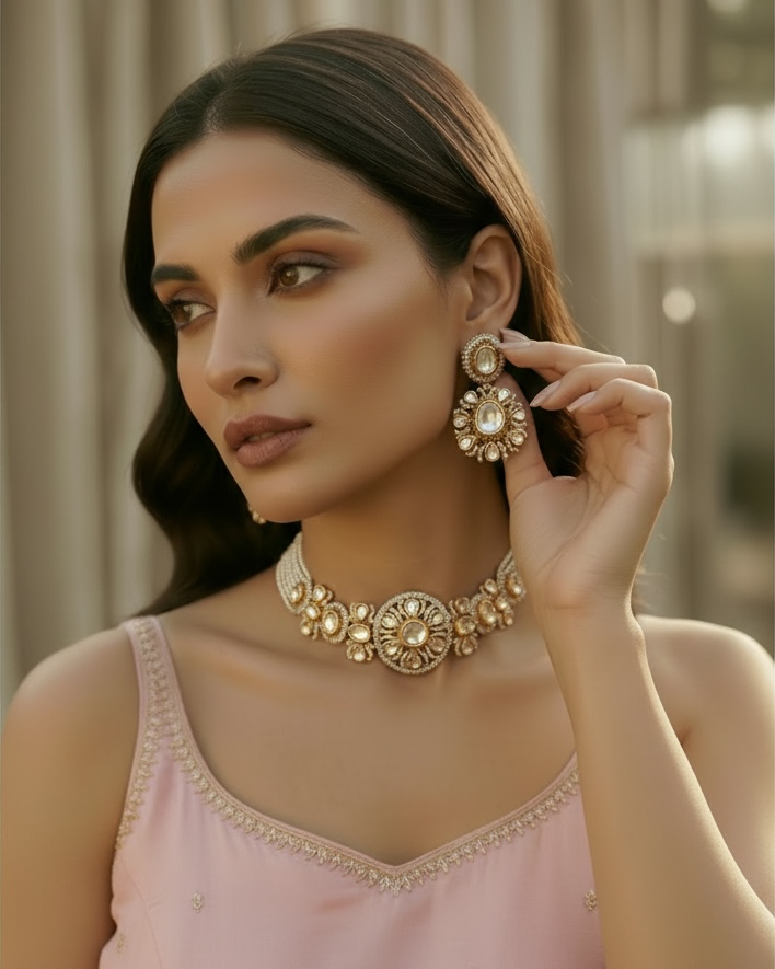 Woman wearing gold jewelry including earrings and a necklace, with a blurred background.