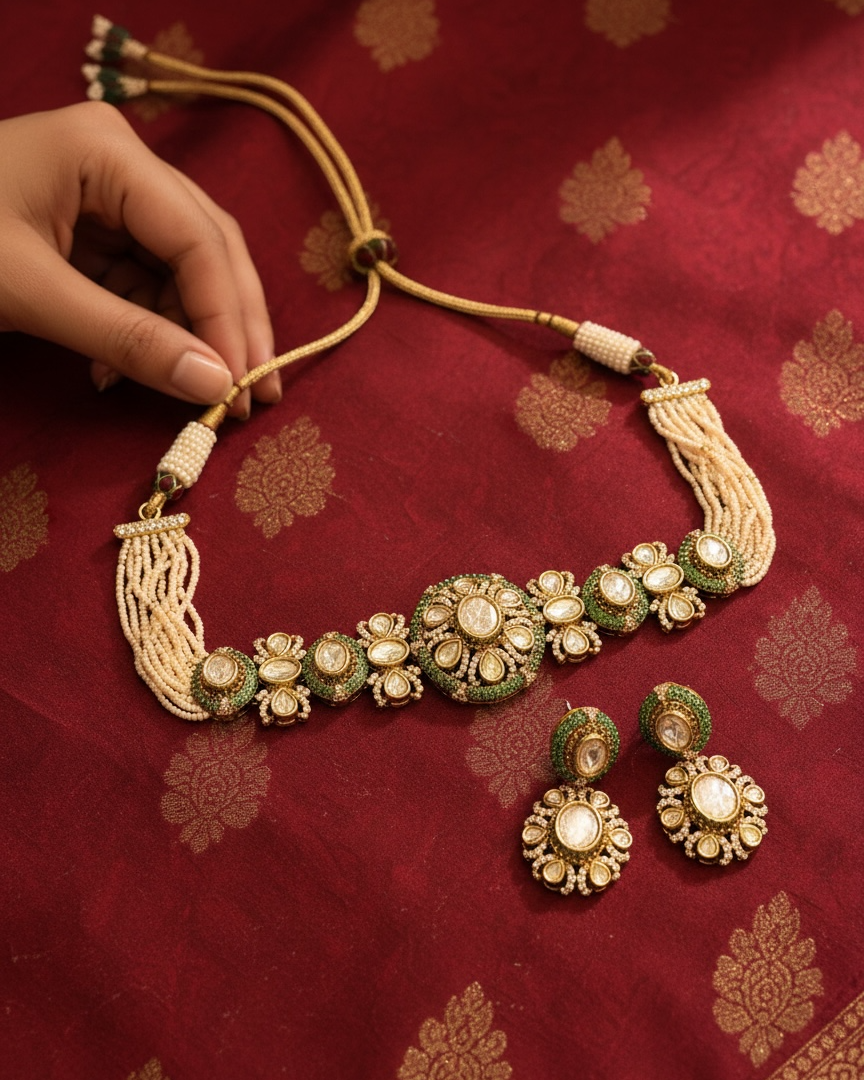 Decorative necklace and earrings on a red fabric background