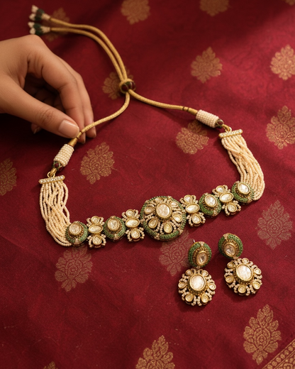 Decorative necklace and earrings on a red fabric background