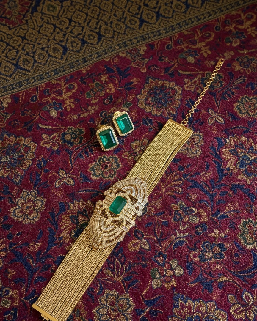 Gold bracelet with emerald green stones and matching earrings on a patterned fabric background