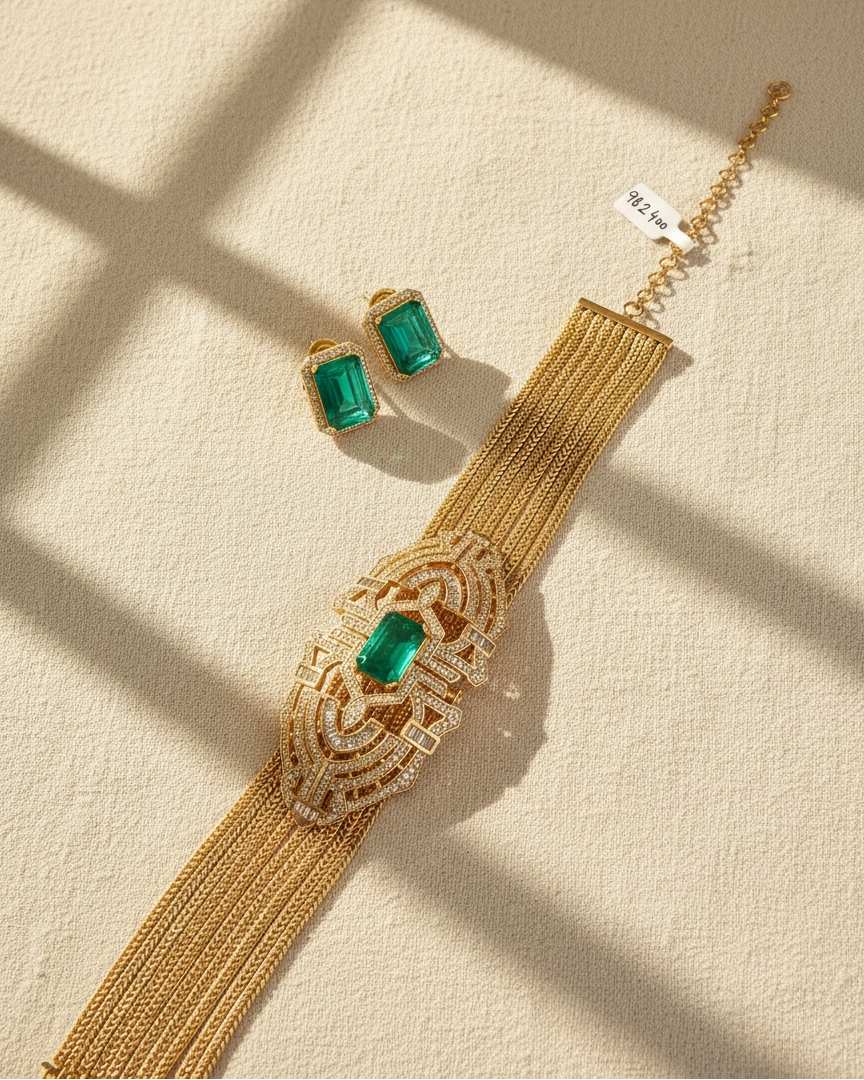 Gold necklace with green gemstones on a beige surface
