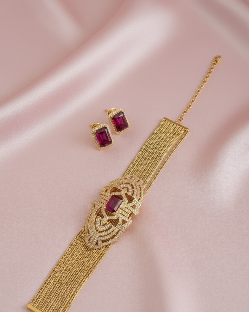 Gold bracelet and earrings with red gemstones on a pink fabric background