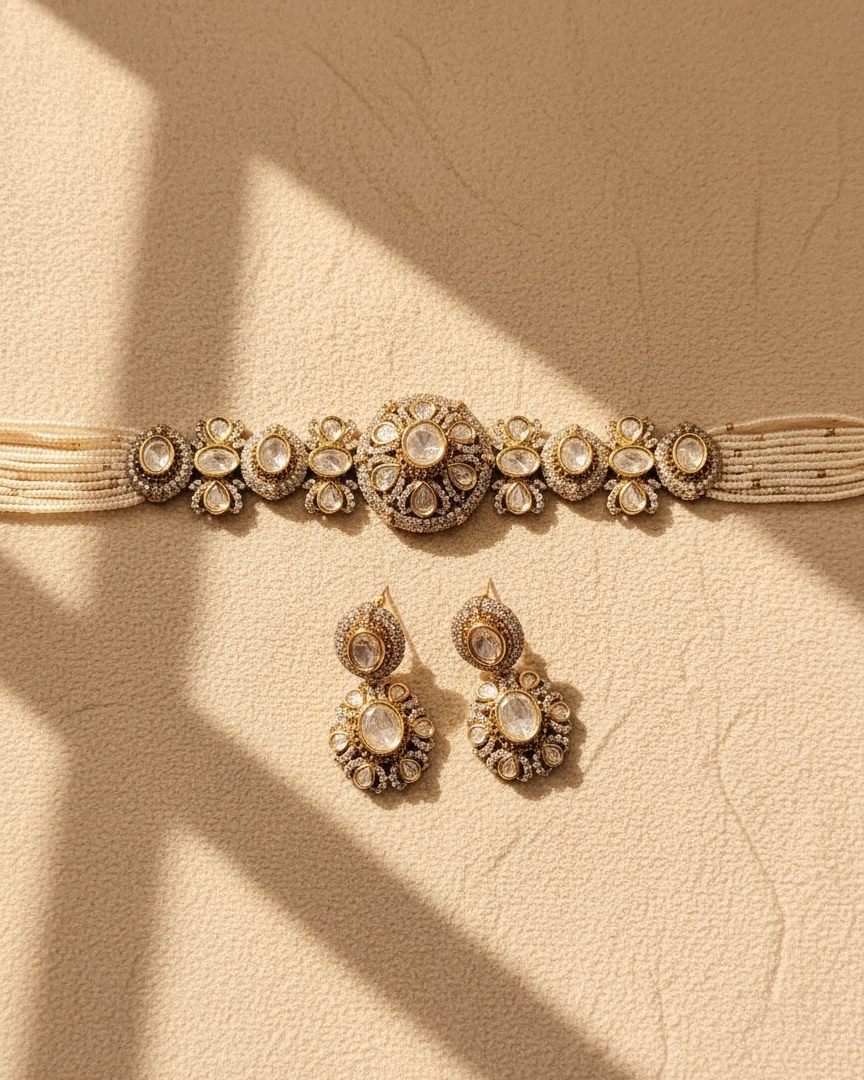 Gold jewelry set with necklace and earrings on a beige background