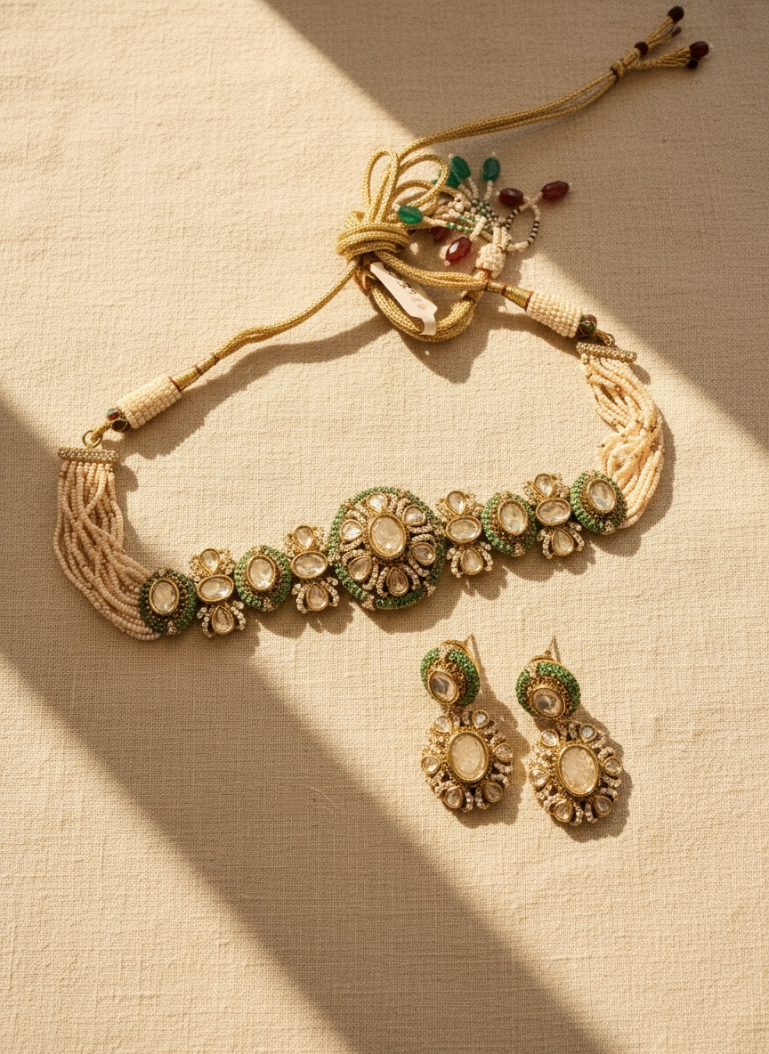 Decorative necklace and earrings with green and gold details on a beige background