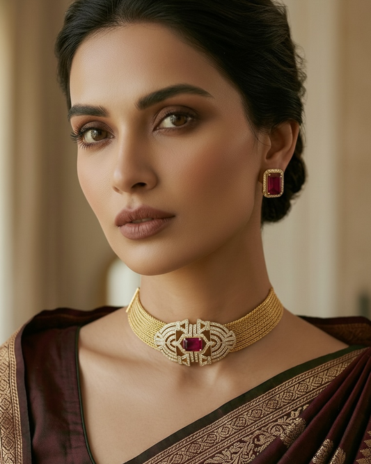 Woman wearing gold jewelry with a blurred background